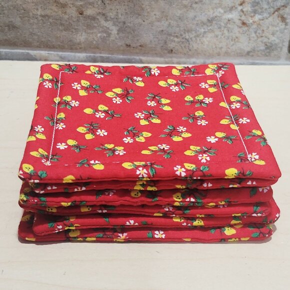 Fabric Coasters Mug Rugs Set of 6 Cotton Red Floral - Picture 4 of 8
